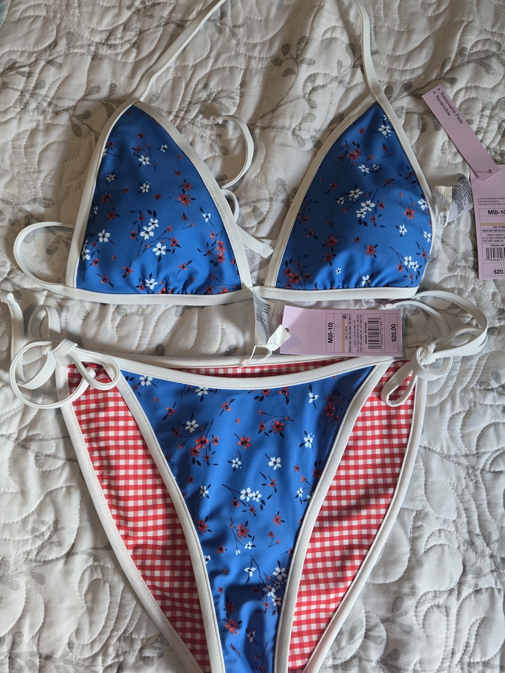 Blue Floral & Red Gingham Womens Two-Piece Swim Set with White Trim